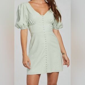 Chaser Calamigos Dress Cotton Linen Front Buttons Puff Sleeves Sage Green Size M
